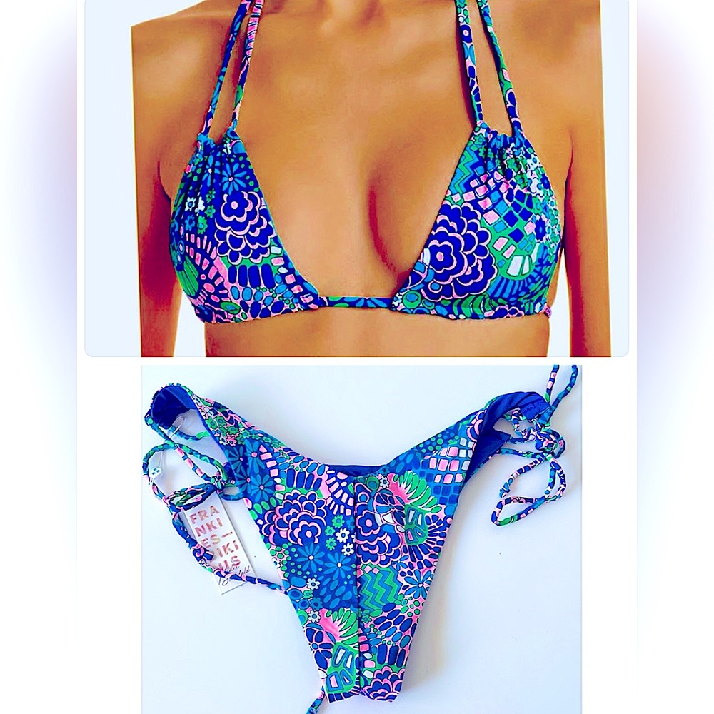 NWT Frankie’s bikini good vibes in electric blue green pink string high rise L/M